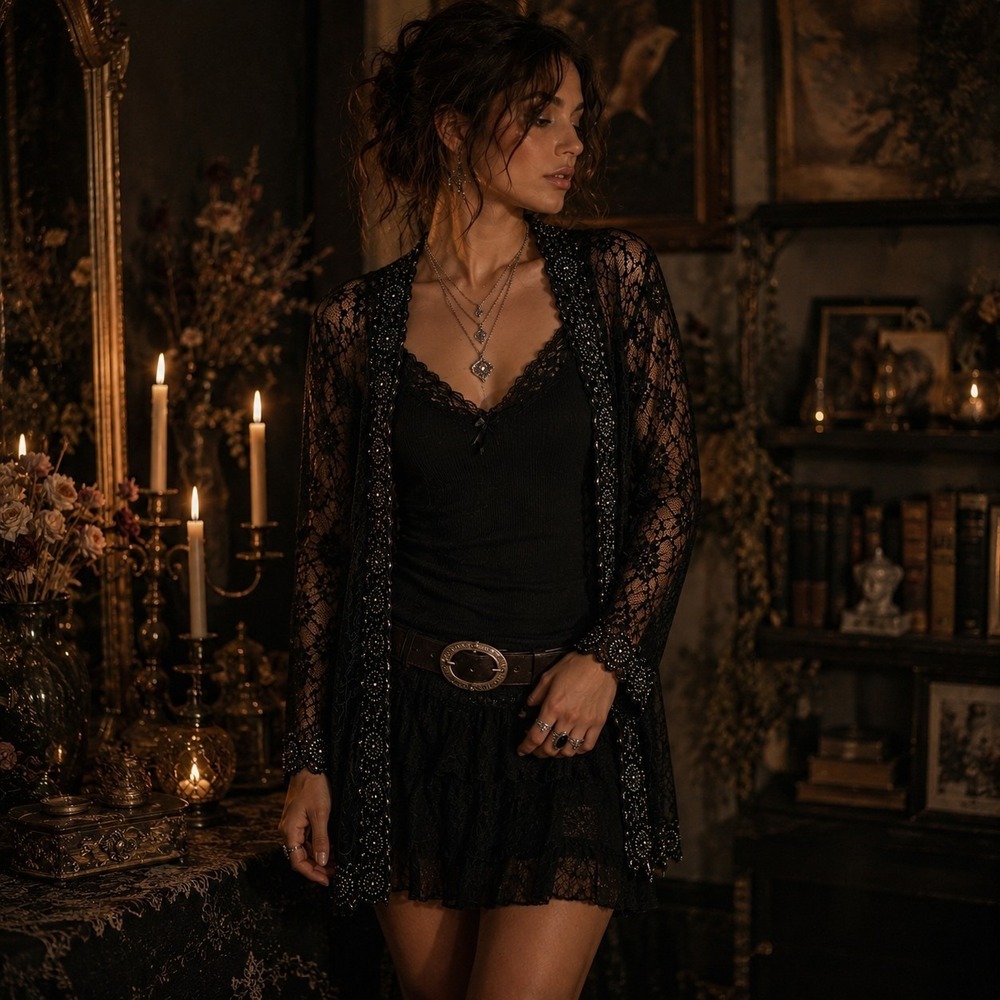 Ashro XL Black Beaded Lace Kimono Cardigan Goth Boho Whimsigoth Witchy Victorian